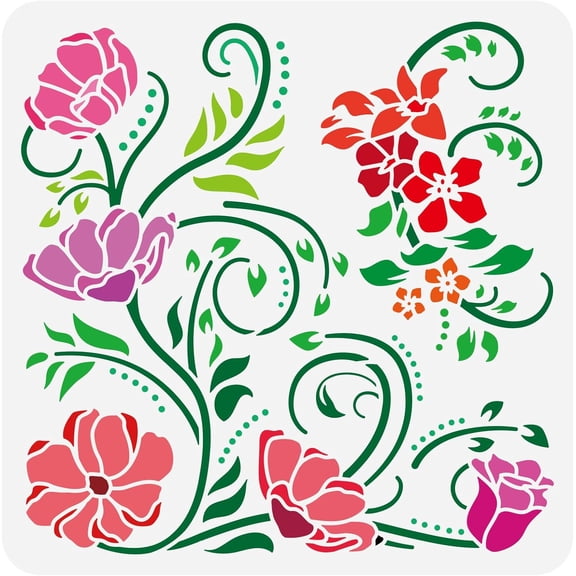 Floral Stencils for Painting 11.8x11.8 inch Floral Flourish Stencil Plastic Vine Leaves Flowers Patterns Stencil Template Reusable DIY Art and Craft Stencils for Painting Home Wall Decor Mixed Color