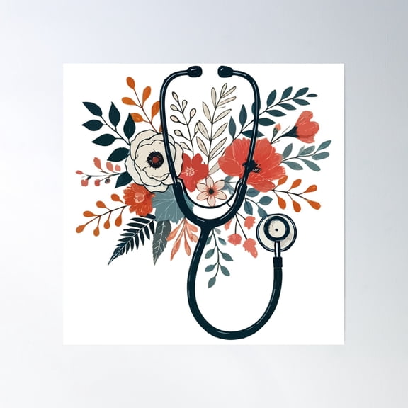 Floral Stethoscope Retro Poster Wall Art, Modern Wall Decor, 16x16 UNFRAMED