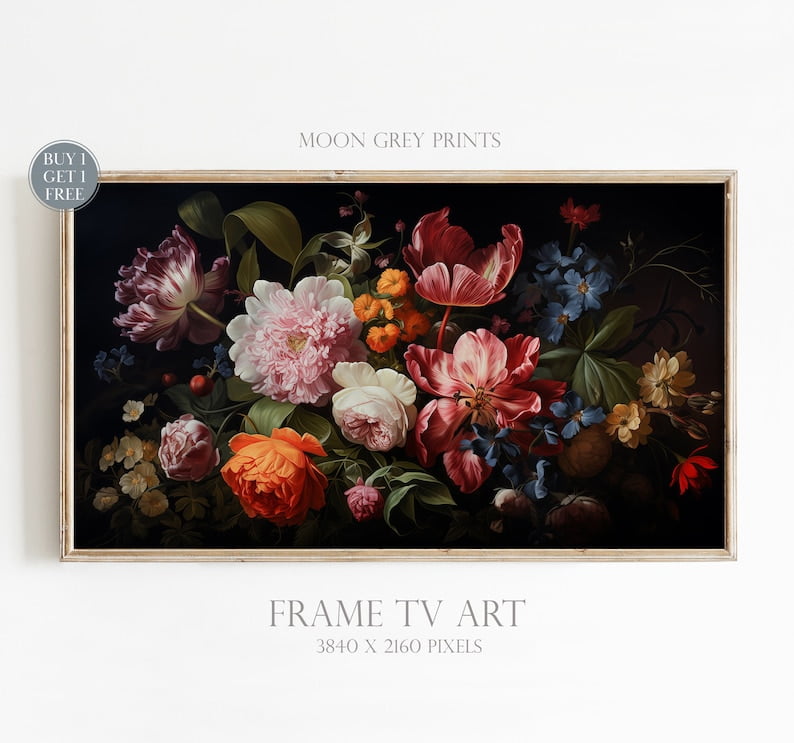 Floral Still Life Frame Tv Art Dark Academia Photorealistic Oil