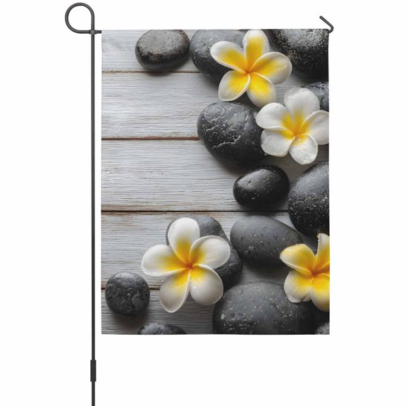 Floral Stone Garden Flags For Outdoor, Modern Country Yellow Plumeria Flowers Wood Stripes Small Double Side Yard Flags Weather Proof Garden Decor for Lawn Outside Holiday 12 x 18 Inches