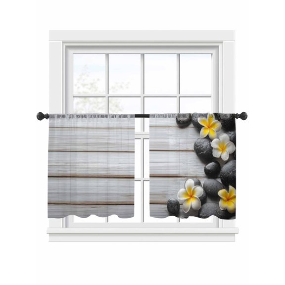 Floral Stone Sheer Curtains 2 Panels Set Modern Country Yellow Plumeria Flowers Wood Stripes Sheer Window Curtains Light Filtering Rod Pocket Voile Drapes for Bedroom Living Room 52"x54"
