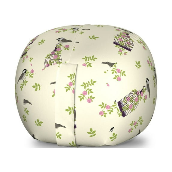 Floral Storage Toy Bag Chair, Birds Cages Roses and Leaves Interpretation in a Romantic Layout Vintage, Stuffed Animal Organizer Washable Bag, Small Size, Cream and Multicolor, by Ambesonne