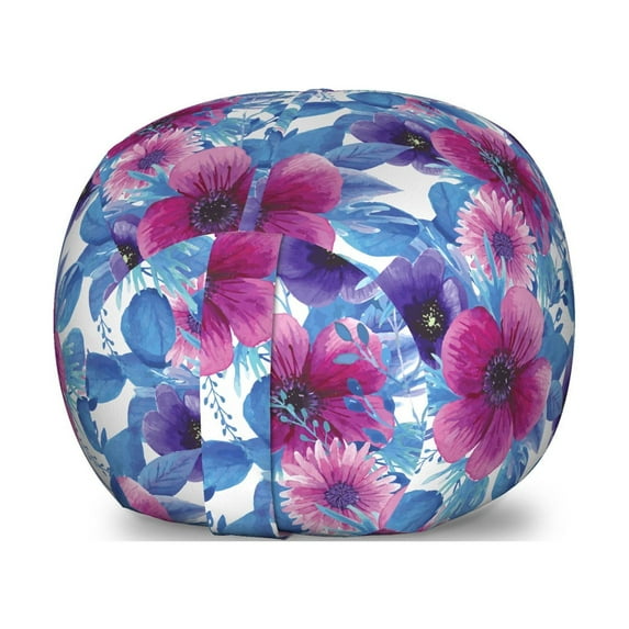 Floral Storage Toy Bag Chair, Bohemian Romantic Wild Flora in Watercolor Style, Stuffed Animal Organizer Washable Bag, Large Size, Azure Blue Magenta, by Ambesonne
