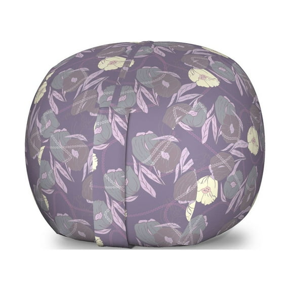Floral Storage Toy Bag Chair, Botanical Illustration of Abstract Poppies Tulips Images Along Leaves Motifs, Stuffed Animal Organizer Washable Bag, Large Size, Pale Purple Cream, by Ambesonne