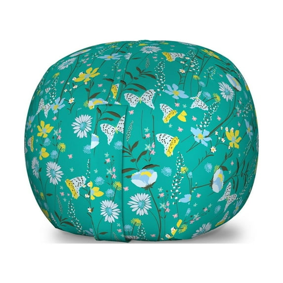 Floral Storage Toy Bag Chair, Botanical Pattern Colorful Meadow Flowers and Flying Butterflies, Stuffed Animal Organizer Washable Bag, Small Size, Dark Seafoam and Multicolor, by Ambesonne