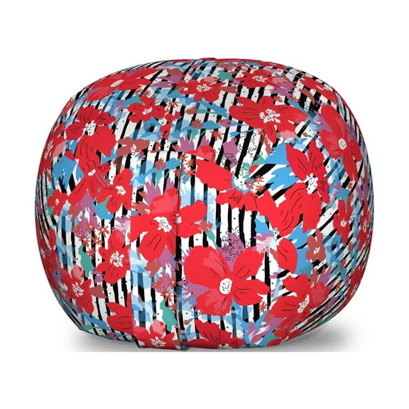 Floral Storage Toy Bag Chair, Budding Flowers with Stripes on the Background, Stuffed Animal Organizer Washable Bag, Large Size, Dark Pink Sky Blue, by Ambesonne