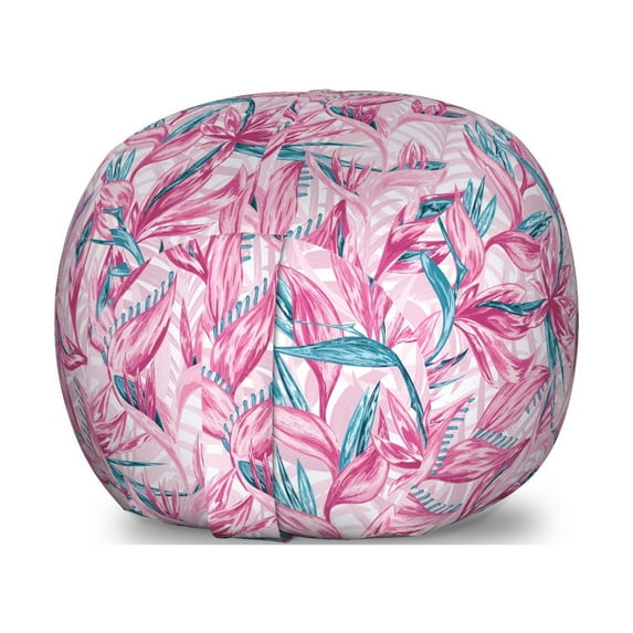 Floral Storage Toy Bag Chair, Clutter of Tropical Island Flowers and Leaves, Stuffed Animal Organizer Washable Bag, Large Size, Pink Dark Turquoise, by Ambesonne