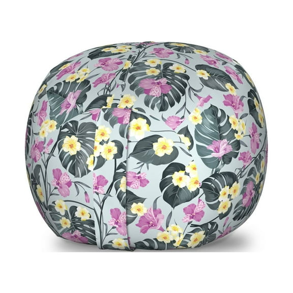 Floral Storage Toy Bag Chair, Composition of Tropical Flowers and Big Leaves, Stuffed Animal Organizer Washable Bag, Small Size, Grey Teal Pale Fuchsia, by Ambesonne