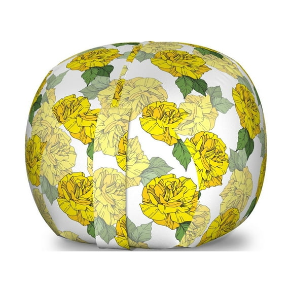 Floral Storage Toy Bag Chair, Detailed Graphical Spring Roses and Leaves, Stuffed Animal Organizer Washable Bag, Small Size, Mustard Green White, by Ambesonne