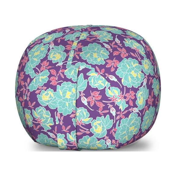 Floral Storage Toy Bag Chair, Feminine Composition of Peonies, Stuffed Animal Organizer Washable Bag, Large Size, Seafoam Violet, by Ambesonne