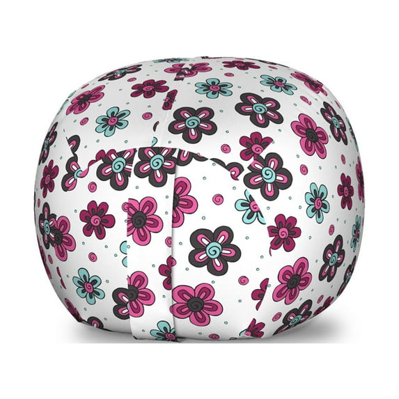 Floral Storage Toy Bag Chair, Florets Buds Girls Pattern Summer Beauty Art Print, Stuffed Animal Organizer Washable Bag, Large Size, Magenta Grey Pale Blue, by Ambesonne