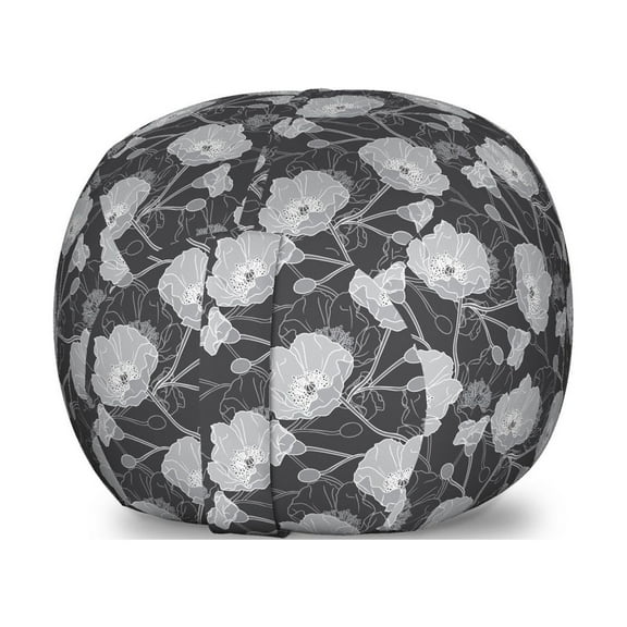 Floral Storage Toy Bag Chair, Flourishing Victorian Poppies Silhouettes in Greyscale Tones, Stuffed Animal Organizer Washable Bag, Small Size, Dark Grey Pale Taupe, by Ambesonne