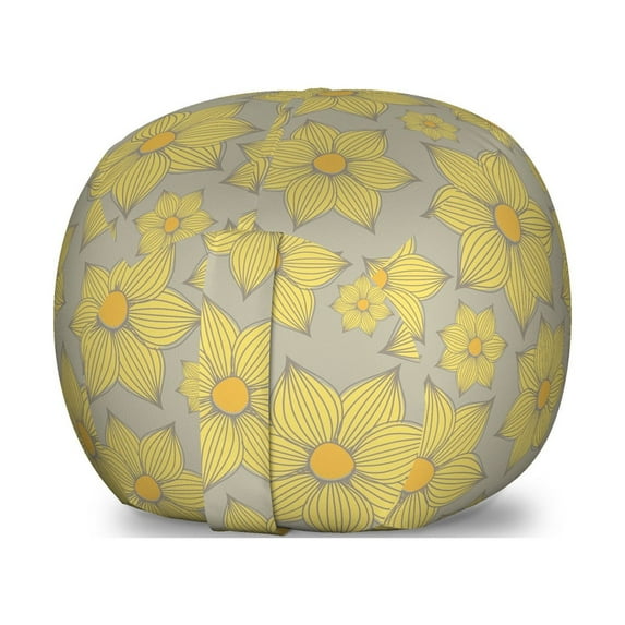 Floral Storage Toy Bag Chair, Hand-Drawn Doodle Yellow Floral Petals in Various Sizes on Grey Background Print, Stuffed Animal Organizer Washable Bag, Small Size, Multicolor, by Ambesonne
