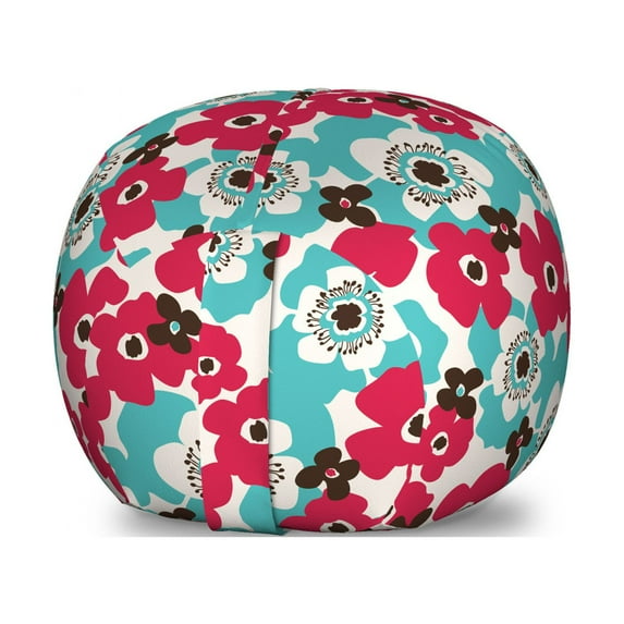 Floral Storage Toy Bag Chair, Hand Drawn Flora with Spring Nature Backdrop Vintage Sixties, Stuffed Animal Organizer Washable Bag, Small Size, Dark Coral Blue, by Ambesonne