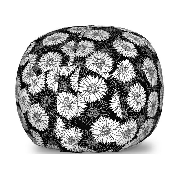 Floral Storage Toy Bag Chair, Hand Drawn Monochromatic Repetitive Botany Garden Sunflower Petals Silhouettes, Stuffed Animal Organizer Washable Bag, Small Size, White and Black, by Ambesonne