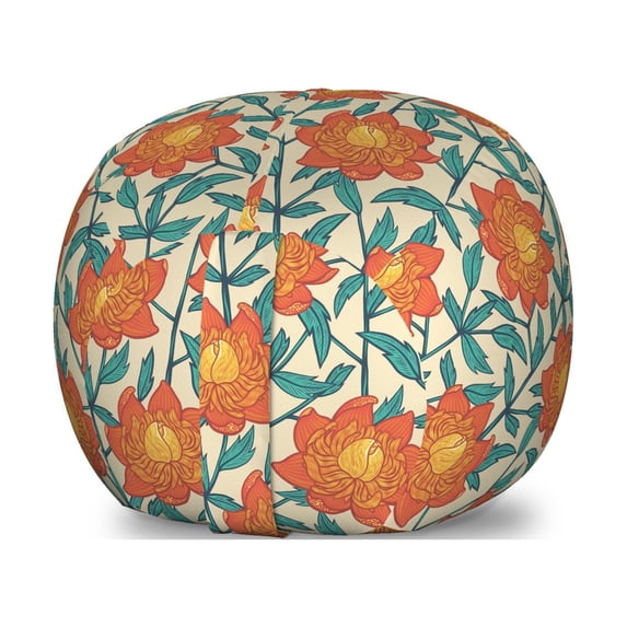 Floral Storage Toy Bag Chair, Meadow Flowers Peony Blossom Bouquets Rural Flourish Botany Motif, Stuffed Animal Organizer Washable Bag, Large Size, Vermilion Turquoise and Beige, by Ambesonne