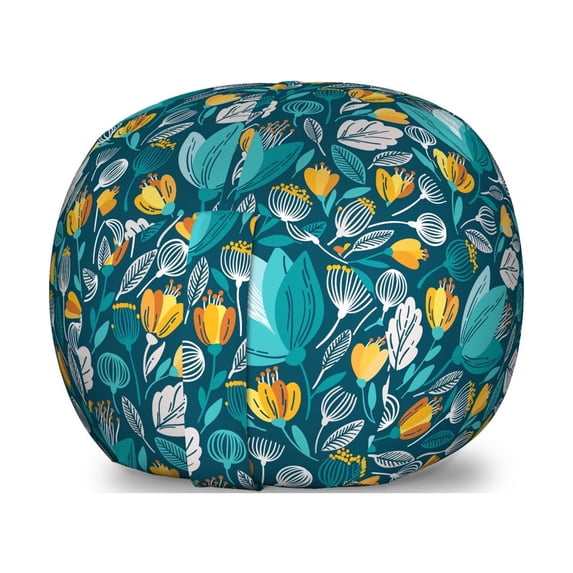 Floral Storage Toy Bag Chair, Meadow Foliage Plants Petals Essence Blossoming Spring Growth Pattern, Stuffed Animal Organizer Washable Bag, Small Size, Dark Teal and Pale Orange, by Ambesonne