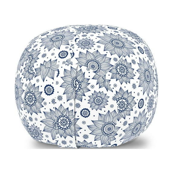 Floral Storage Toy Bag Chair, Nature Themed Fine Refined Sunflower Motifs and Little Ornamental Motifs, Stuffed Animal Organizer Washable Bag, Large Size, White Dark Sky Blue, by Ambesonne