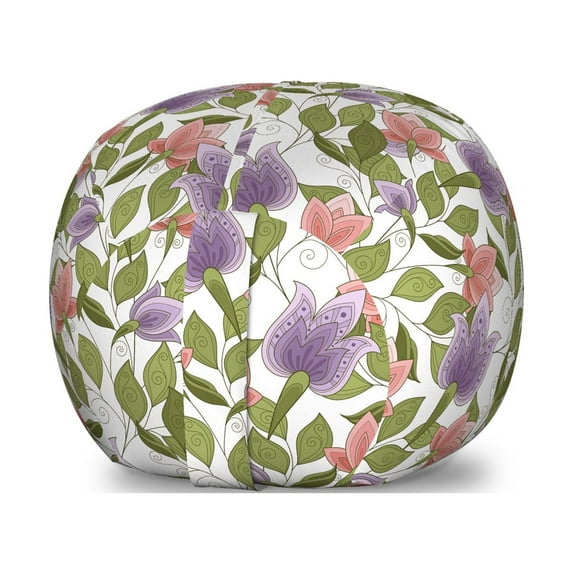 Floral Storage Toy Bag Chair, Pastel Tone Tulip Flower Aged Ottoman National Petals Image, Stuffed Animal Organizer Washable Bag, Large Size, Olive Green Coral, by Ambesonne