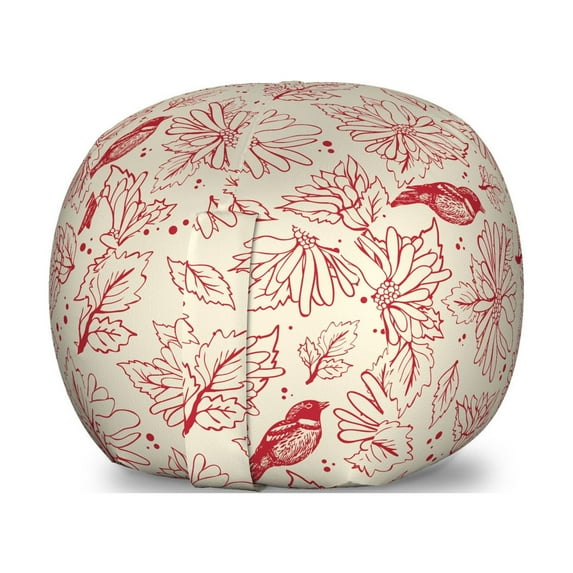 Floral Storage Toy Bag Chair, Repeated Vintage Style Flowers with Leaves and Bird Illustrations, Stuffed Animal Organizer Washable Bag, Small Size, Eggshell and Vermilion, by Ambesonne