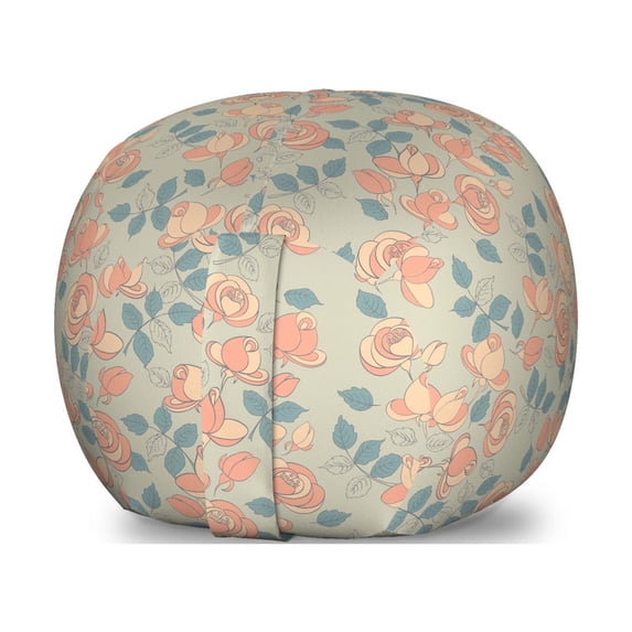 Floral Storage Toy Bag Chair, Repetitive Blossoming Rose Flowers in Pastel Spring Tones, Stuffed Animal Organizer Washable Bag, Small Size, Grey Yellow Sea Green, by Ambesonne