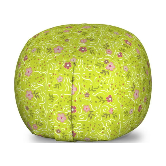 Floral Storage Toy Bag Chair, Repetitive Cheerful Spring Pattern with Flowers and Dots, Stuffed Animal Organizer Washable Bag, Large Size, Yellow Green Blush, by Ambesonne