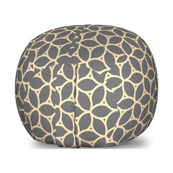 Floral Storage Toy Bag Chair, Retro Leaf Shapes Pattern Feminine Classic Geometric Simplistic Flower Grid Pattern, Stuffed Animal Organizer Washable Bag, Large Size, Grey Cream, by Ambesonne