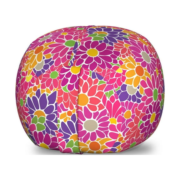 Floral Storage Toy Bag Chair, Rhythmic 90's Style Simplistic Retro Flair Drawn Colorful Arrangement, Stuffed Animal Organizer Washable Bag, Small Size, Hot Pink and Multicolor, by Ambesonne