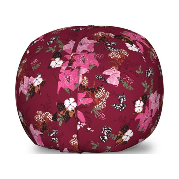 Floral Storage Toy Bag Chair, Romantic Design of Lilies Butterflies and Other Flowers Vintage Garden Art, Stuffed Animal Organizer Washable Bag, Large Size, Maroon Multicolor, by Ambesonne