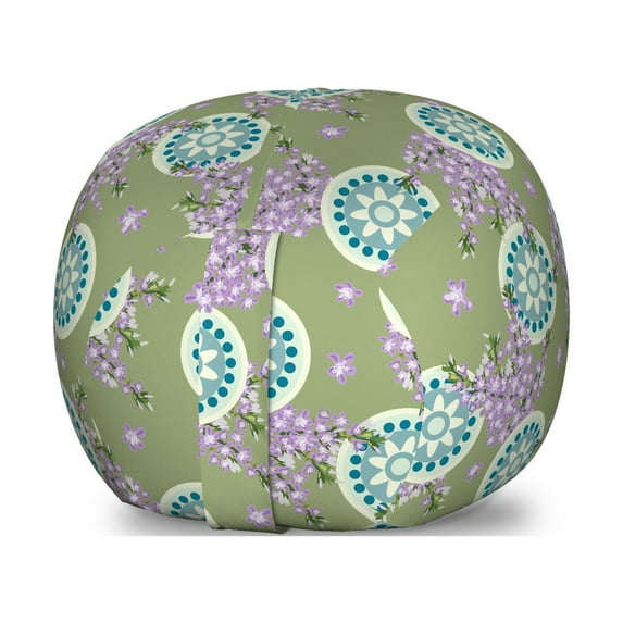 Floral Storage Toy Bag Chair, Round Ornamented Motif with Spring Flowers, Stuffed Animal Organizer Washable Bag, Small Size, Olive Green Lilac, by Ambesonne