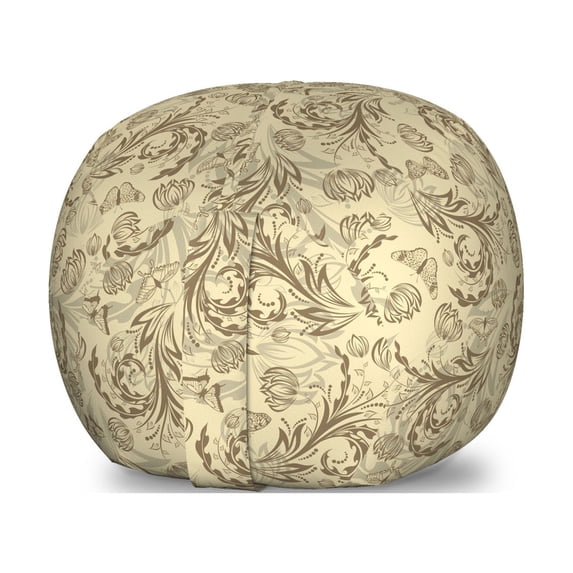 Floral Storage Toy Bag Chair, Silhouette Cluster of Plants as Art Designed Curvy Leaf and Stem, Stuffed Animal Organizer Washable Bag, Large Size, Beige Umber and Pearl, by Ambesonne
