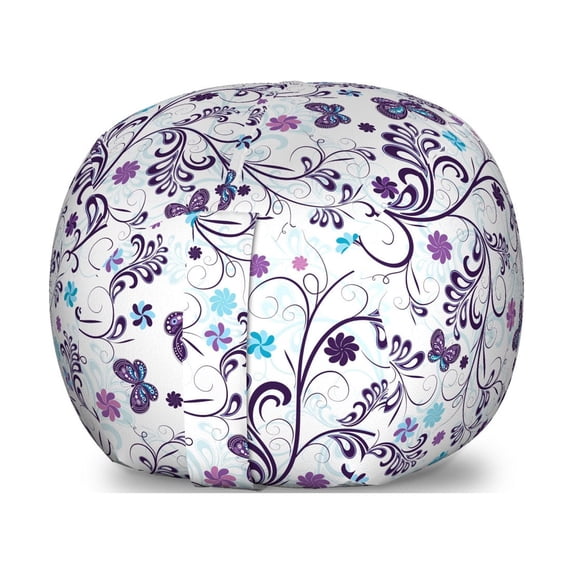 Floral Storage Toy Bag Chair, Spring with Flying Inspirational Butterflies and Swirls Branches Design, Stuffed Animal Organizer Washable Bag, Large Size, Dark Purple Pale Blue, by Ambesonne