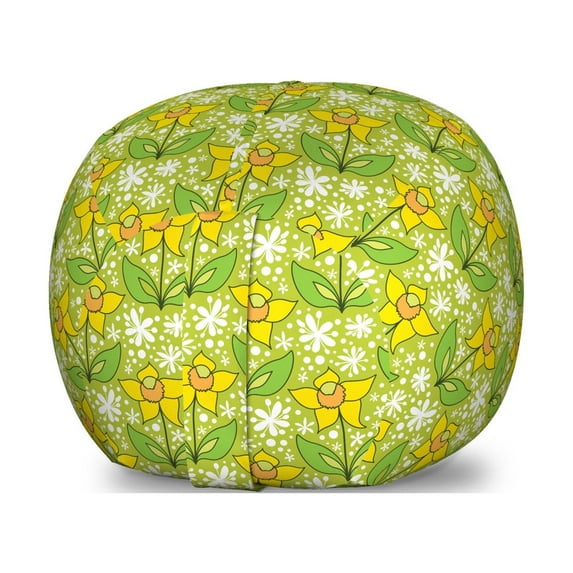 Floral Storage Toy Bag Chair, Summer Botany Pattern with Simple Abstract Cartoonish Flowers, Stuffed Animal Organizer Washable Bag, Large Size, Yellow Green Multicolor, by Ambesonne