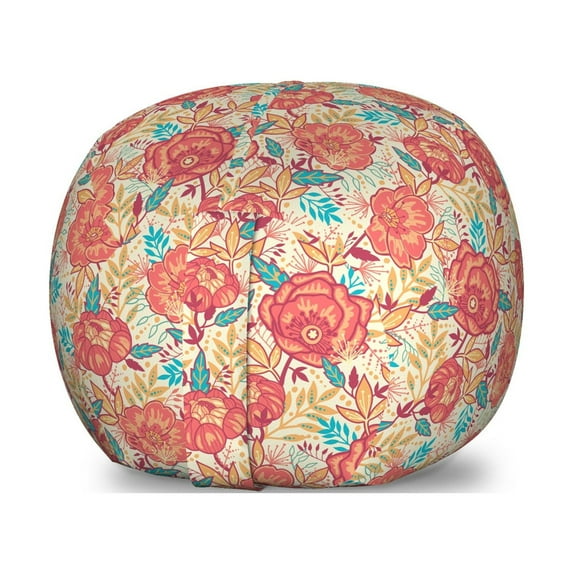 Floral Storage Toy Bag Chair, Summer Time Flowers and Leaves Scattered on a Plain Background, Stuffed Animal Organizer Washable Bag, Large Size, Eggshell Dark Coral, by Ambesonne