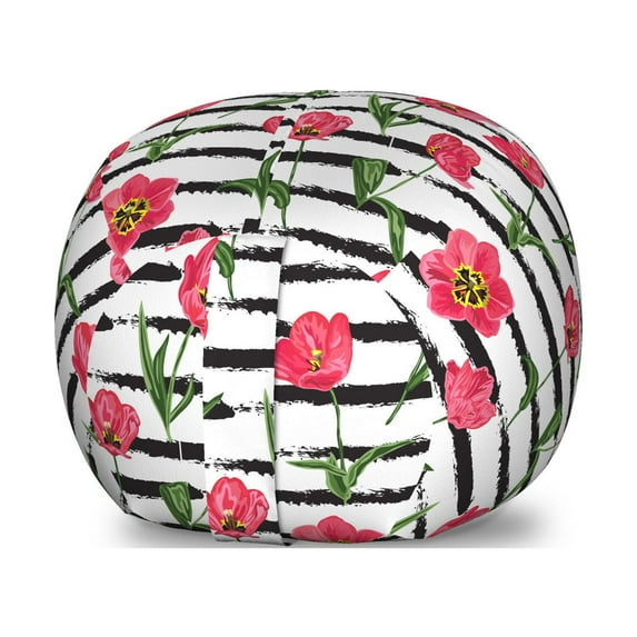 Floral Storage Toy Bag Chair, Tropical Wild Tulip Flowers and Charcoal Grey Striped Background, Stuffed Animal Organizer Washable Bag, Small Size, Dark Coral and Olive Green, by Ambesonne