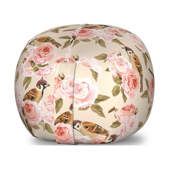 Floral Storage Toy Bag Chair, Victorian Style Image of Rose Flowers with Leaves and Little Sparrow Birds, Stuffed Animal Organizer Washable Bag, Small Size, Champagne Multicolor, by Ambesonne