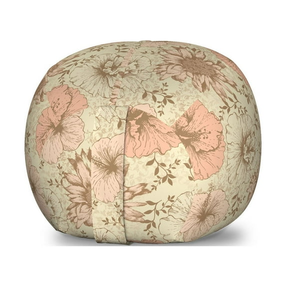 Floral Storage Toy Bag Chair, Vintage Love Retro Colored Exotic Hibiscus Plant Blooming Live Giving Nature, Stuffed Animal Organizer Washable Bag, Small Size, Coral Tan Brown, by Ambesonne