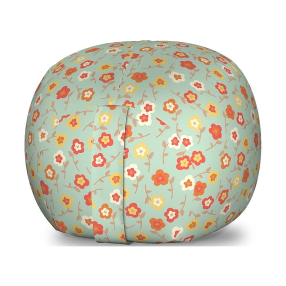 Floral Storage Toy Bag Chair, Vintage Style Blossoms Summer Time Flourishes, Stuffed Animal Organizer Washable Bag, Large Size, Almond Green Vermilion, by Ambesonne