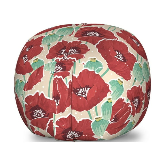 Floral Storage Toy Bag Chair, Watercolor Effect Poppy Flowers and Capsules Illustration, Stuffed Animal Organizer Washable Bag, Large Size, Almond Green Vermilion, by Ambesonne