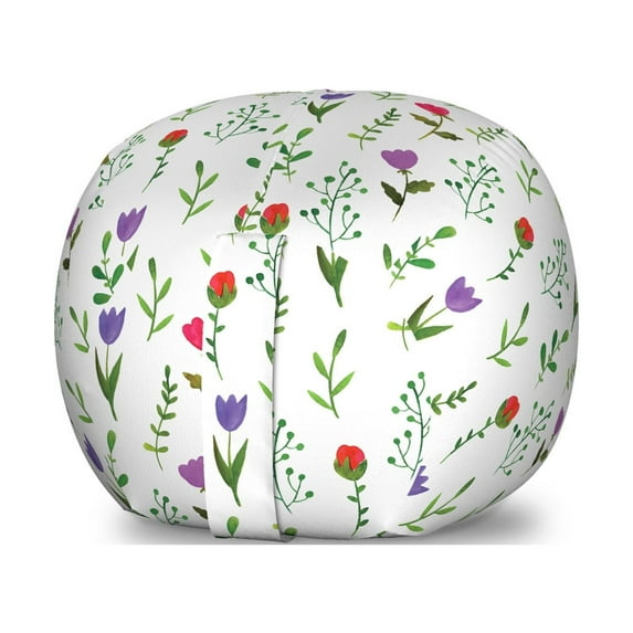 Floral Storage Toy Bag Chair, Watercolor Tulips Berries Twigs Buds Spring Awakening, Stuffed Animal Organizer Washable Bag, Small Size, Multicolor, by Ambesonne