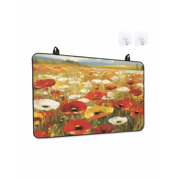 Floral Stove Top Covers for Electric Stove, 28'x20'' Red White Poppy Sea Of Flowers Sky Lawn Oil Painting Glass Ceramic Stove Cover Foldable Rubber Mat Heat Resistant Cooktop Protector for Kitchen