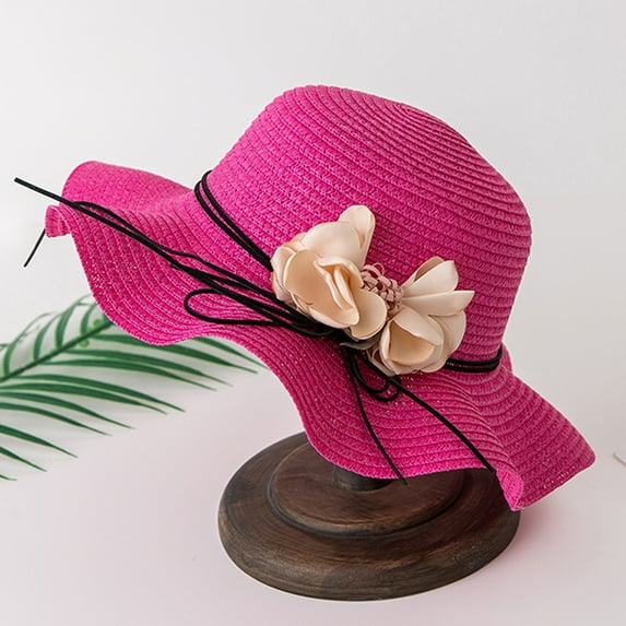 Floral Straw Sun Hat for Women - Beach Vacation Photoshoot Wide Brim Uv Protection (Foldable & Elegant) Under 5$, Yubnlvae Travel Flower Caps Foldable Wide Sun Summer , Hot Pink, One Size