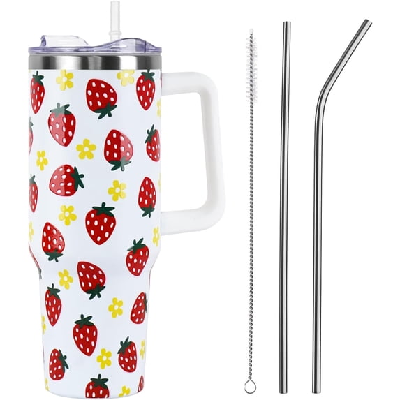Floral Strawberry Tumbler with Handle and Straw Lid 40 oz,Cute Spring Summer Gift for Women Men Friends Boho Flowers Vacuum Insulated Leak Proof Stainless Steel Coffee Cup Mug