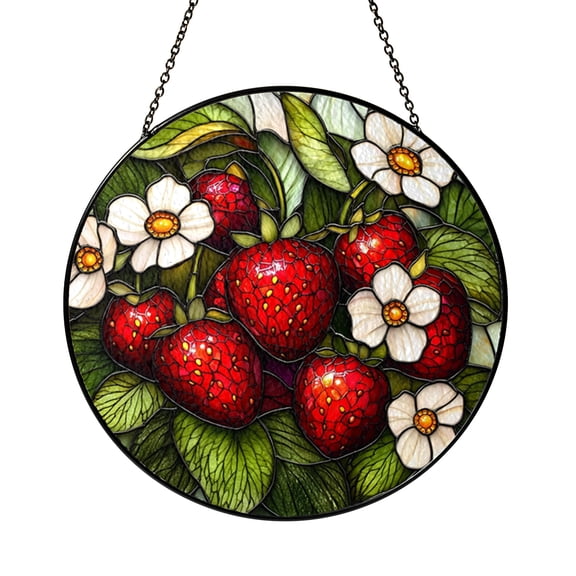 Floral Strawberry Window Hanging, Faux Stained Glass Decor for Nature Lovers and Bright Home Accents