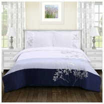 Floral Stripe Cotton 3-Piece Duvet Cover and Sham Set - Full/Queen, Navy Blue-Light Blue by Blue Nile Mills