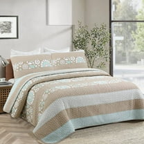 Floral Stripe Ogee Tan Brown Mint Green Cotton King Reversible 3 Piece Quilt Bedding Set