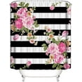 thumbnail image 1 of Floral Stripe Shower Curtain Pink Flower Fabric Shower Curtain Sets Bathroom Decor with Hooks Waterproof Washable 72 x 72 inches Black White Green, 1 of 6