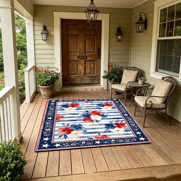 Floral Stripe USA Flag Entrance Welcome Mat, Multi-Scene Indoor Outdoor Entry Rug, 4th of July US Independence Day Home Decor Present