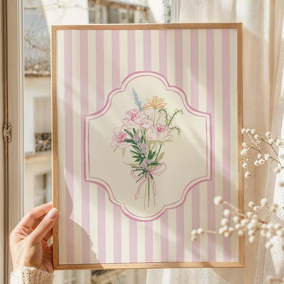 Floral Striped Sketch Print, Art, Cottage Wall Art, Grandmillennial Floral Art Print, Cute Trendy Wall Art Wall Art, Modern Wall Decor, 8x12 UNFRAMED