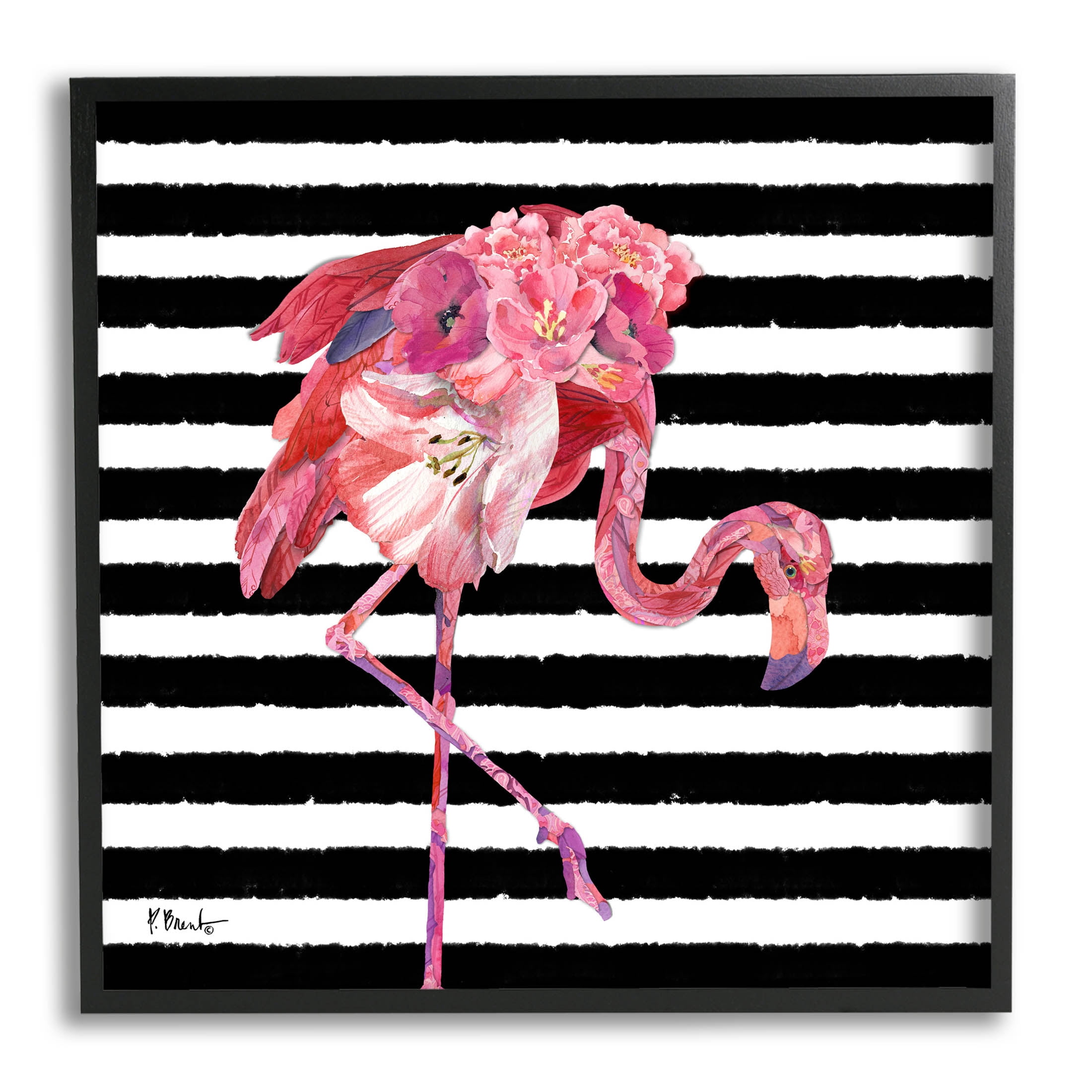Floral Stripes Flamingo Bird Animals & Insects Graphic Art Black Framed Art Print Wall Art